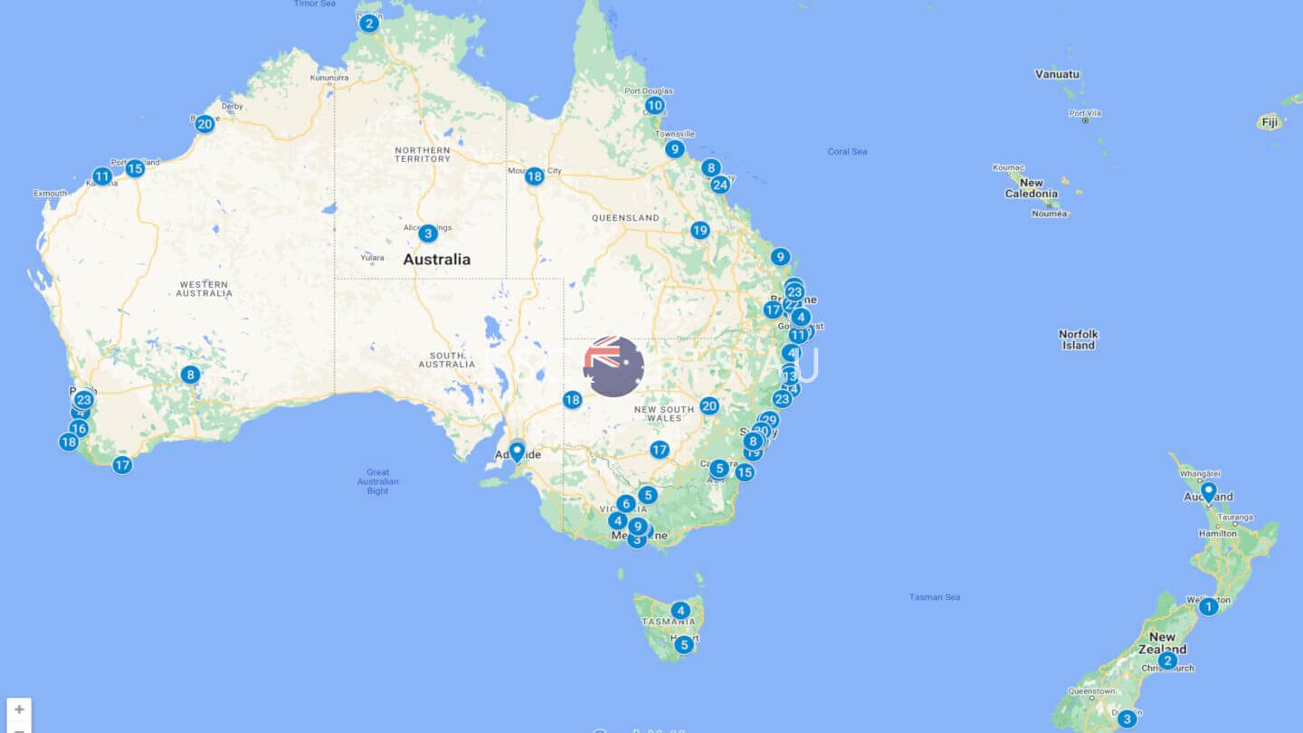 NZ and Australian escorts location Map